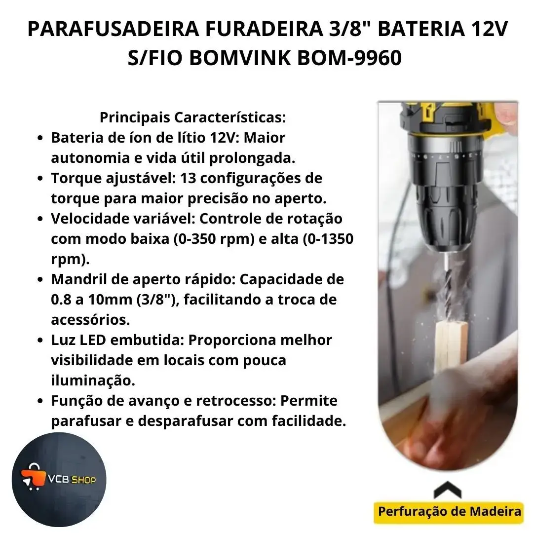 Parafusadeira e Furadeira Sem Fio Led 1350 RPM 12V - Imagem 4