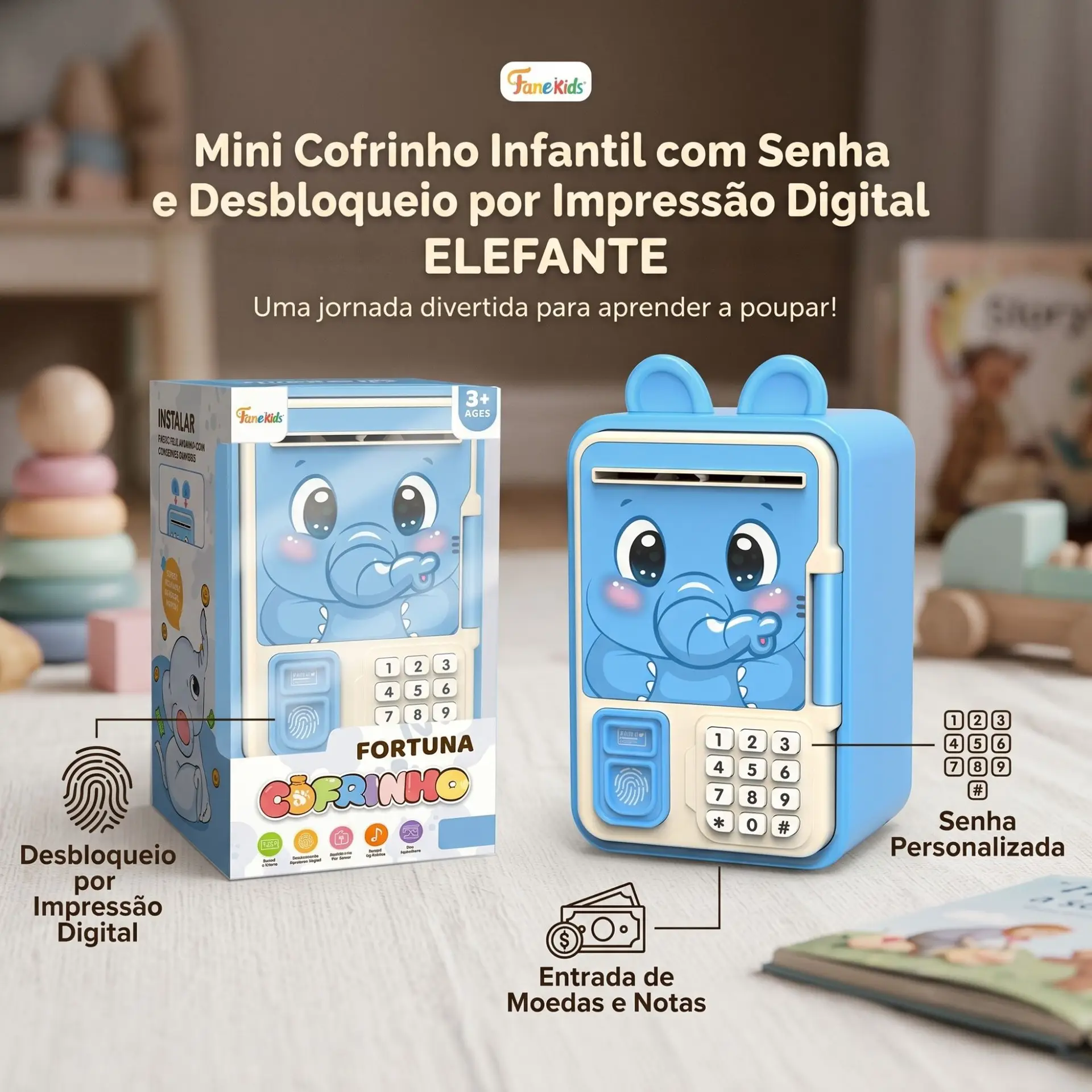 Mini Cofrinho Infantil com Senha e Desbloqueio por Impressão Digital - ELEFANTE