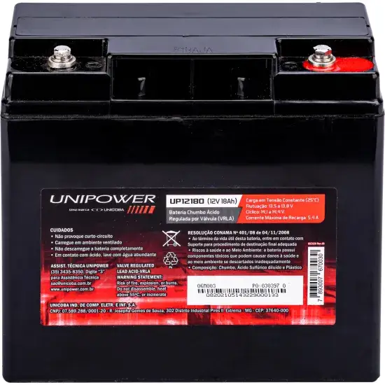 Bateria Estacionária Selada 12V 18Ah VRLA UP12180 Unipower - Imagem 4