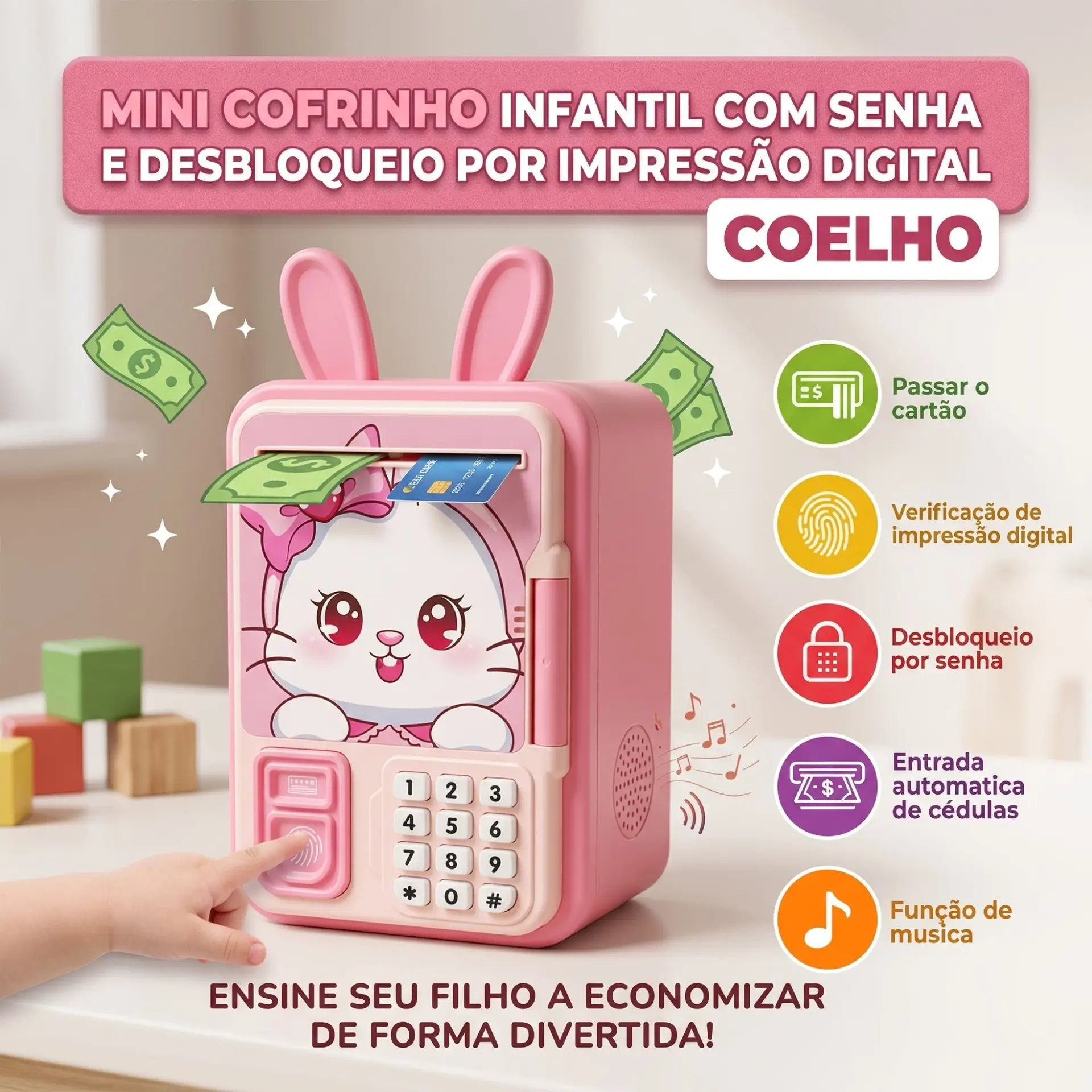 Mini Cofrinho Infantil com Senha e Desbloqueio por Impressão Digital COELHO