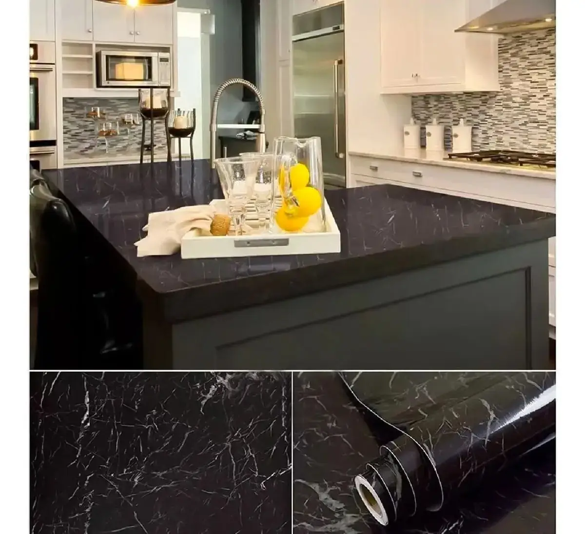 Papel Adesivo Mármore Lavável Móveis Parede - Preto - Imagem 3