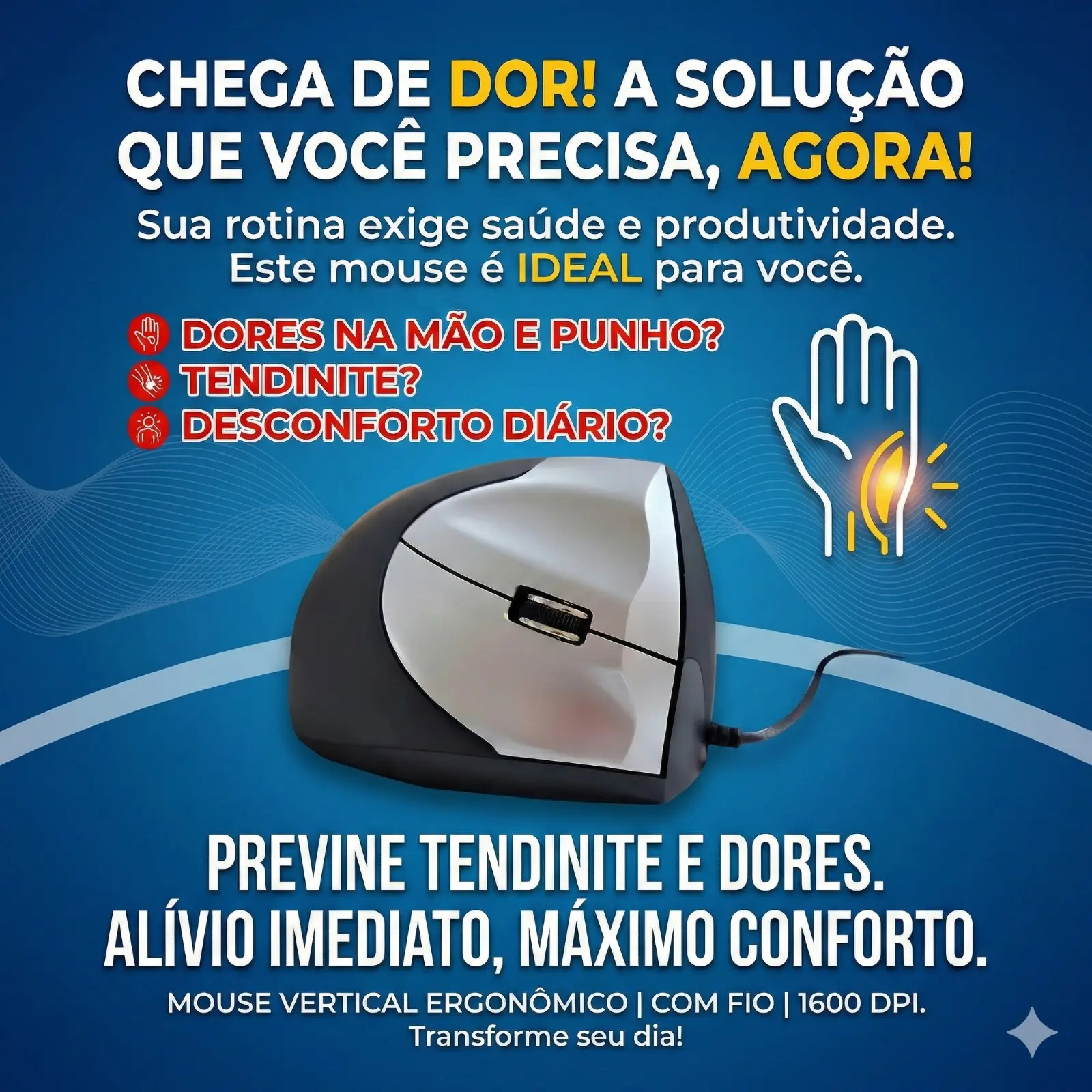 Mouse Vertical Ergonômico Com Fio 1600 DPI Previne Tendinite - Imagem 6