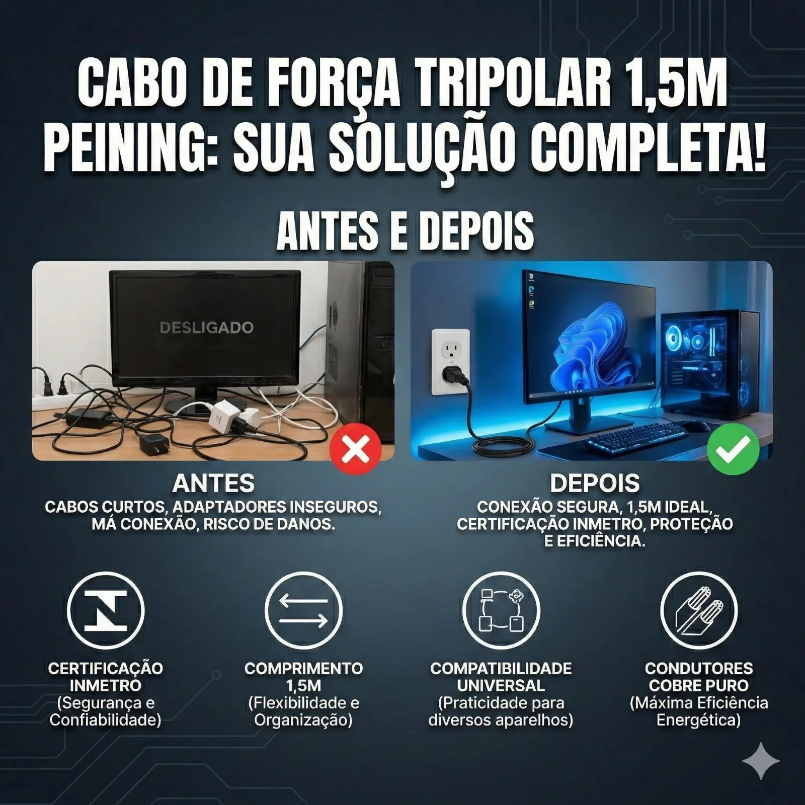 Cabo de força tripolar 1,5m Peining PEIJ365 - Imagem 6