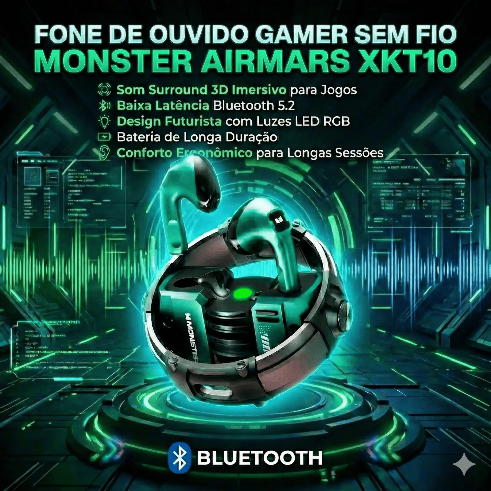 Fone de Ouvido Gamer Sem Fio Monster Airmars XKT10 Bluetooth - Imagem 2