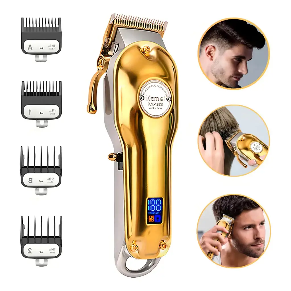 Máquina de Cortar Cabelo Elétrica Kemei KM-1986 com Corpo Metálico Completo, Ajustável e Recarregável