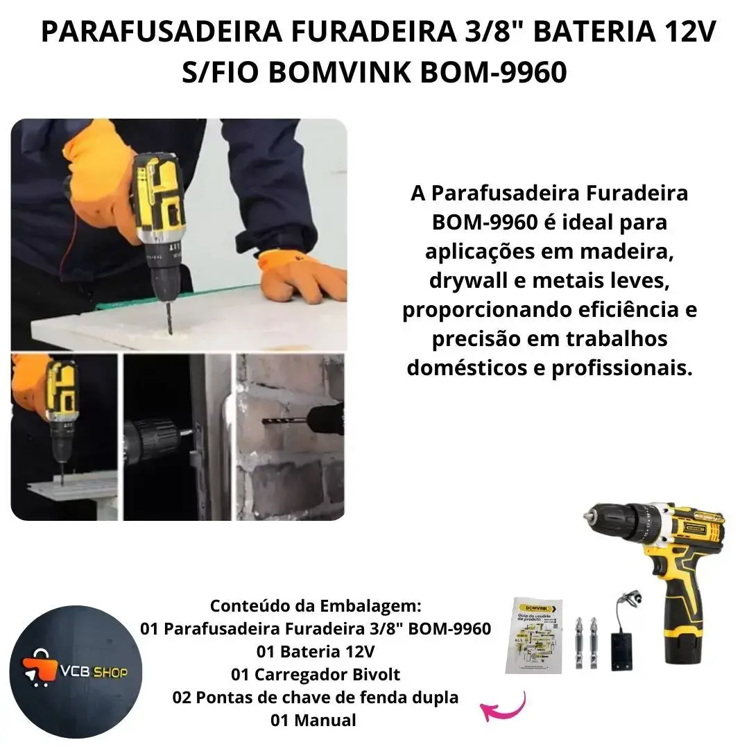 Parafusadeira e Furadeira Sem Fio Led 1350 RPM 12V - Imagem 2