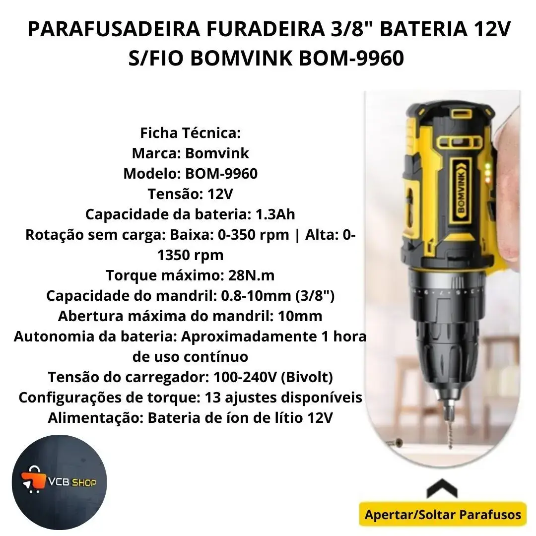 Parafusadeira e Furadeira Sem Fio Led 1350 RPM 12V - Imagem 3