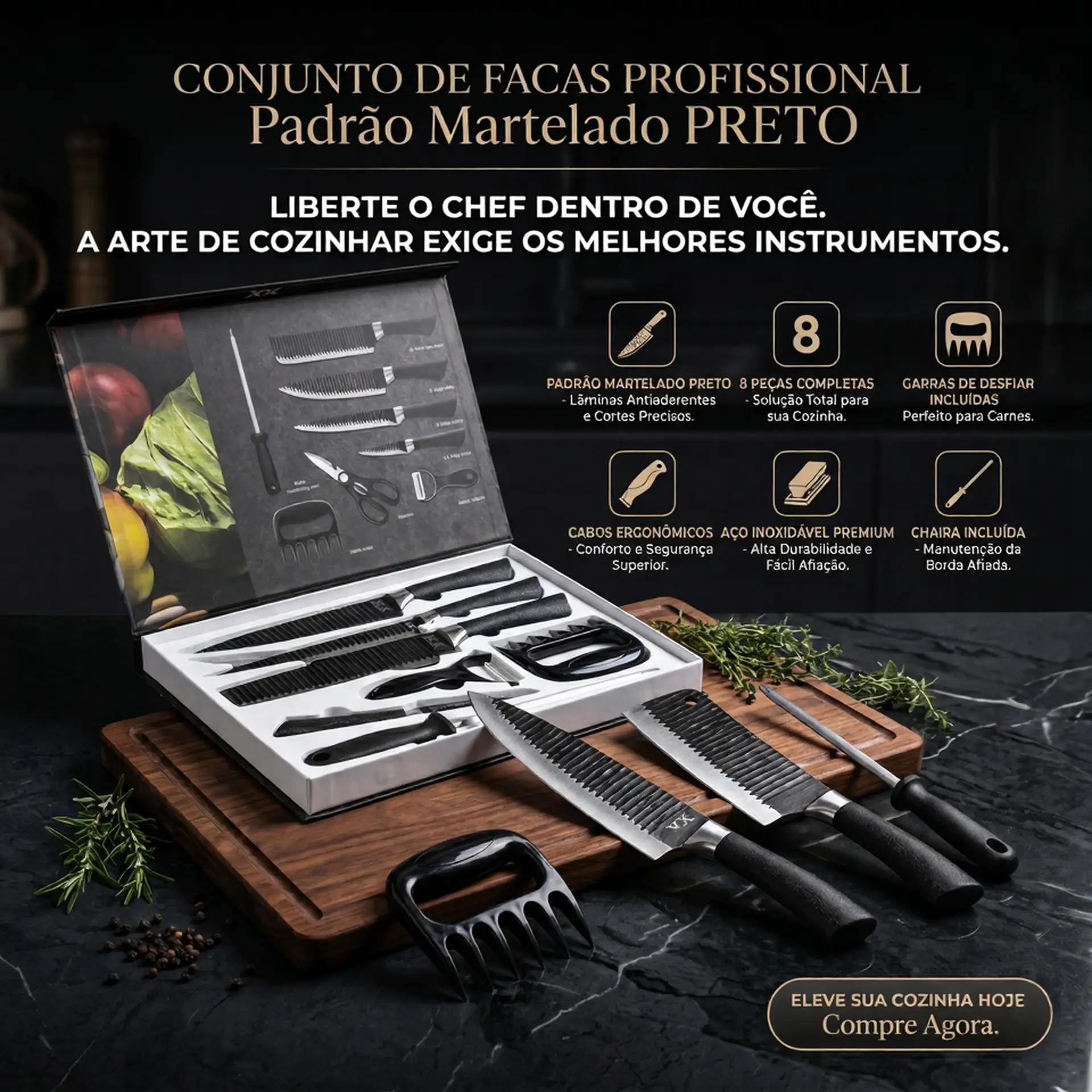 conjunto de facas profissional de 8 pecas Padrao martelado PRETO - Imagem 2