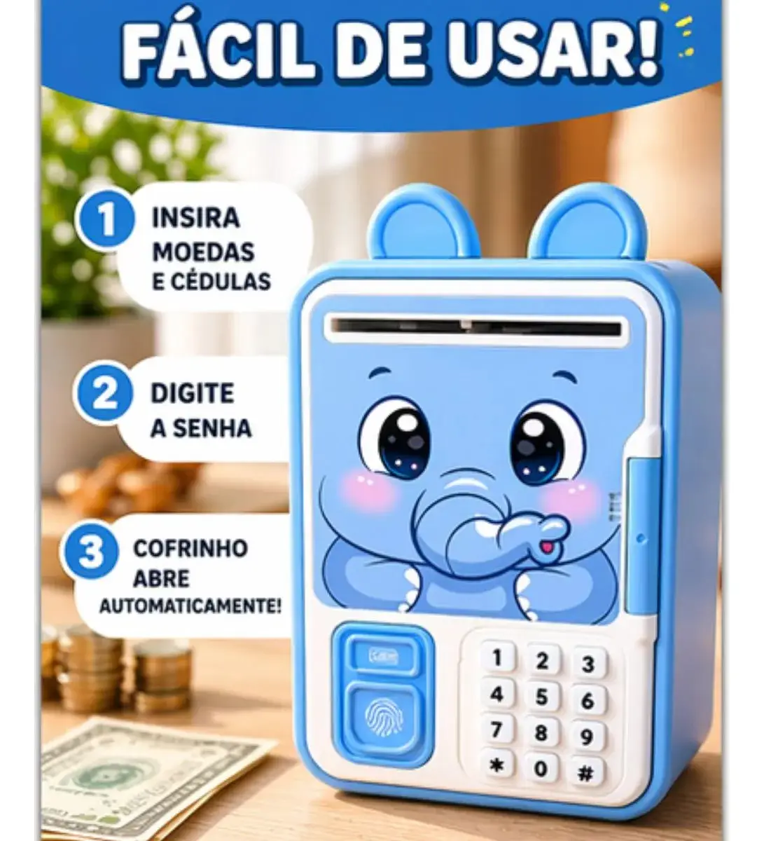Mini Cofrinho Infantil com Senha e Desbloqueio por Impressão Digital - ELEFANTE - Imagem 5