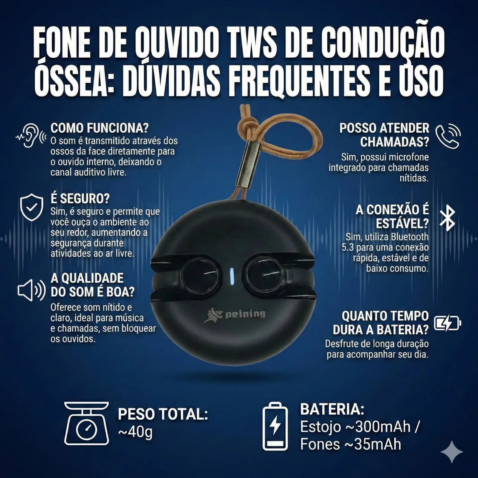 Fone de Ouvido TWS Bluetooth 5.3 Condução Óssea PEI-P751 - Imagem 4