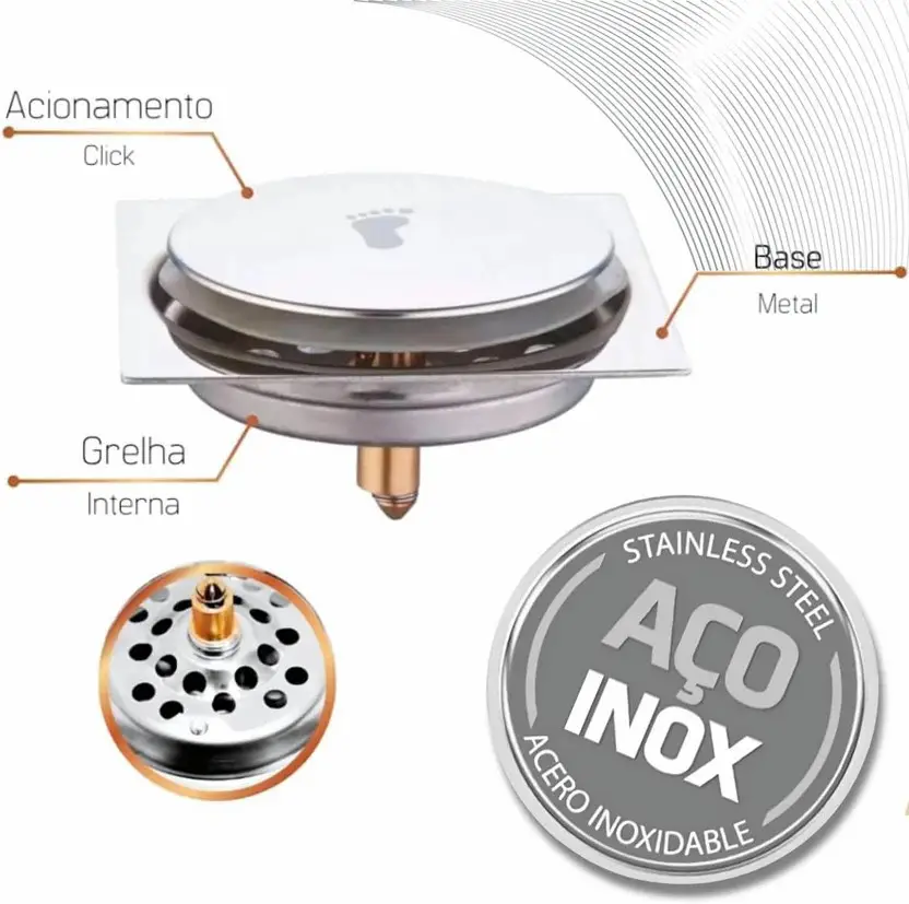 Ralo Click em Aço Inox Quadrado com Vedação Anti-Odor 15x15 - Imagem 2