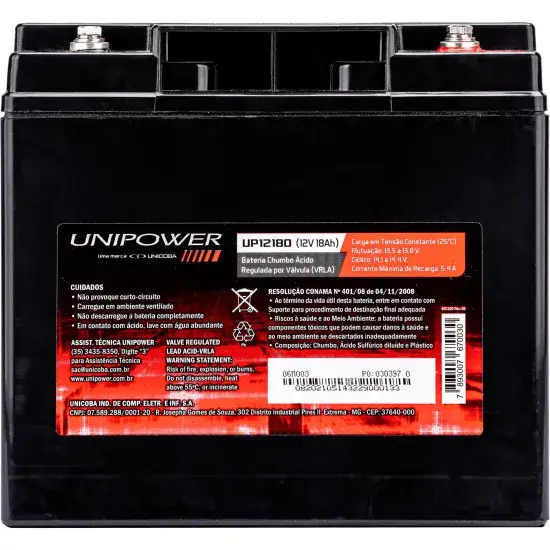 Bateria Estacionária Selada 12V 18Ah VRLA UP12180 Unipower - Imagem 5