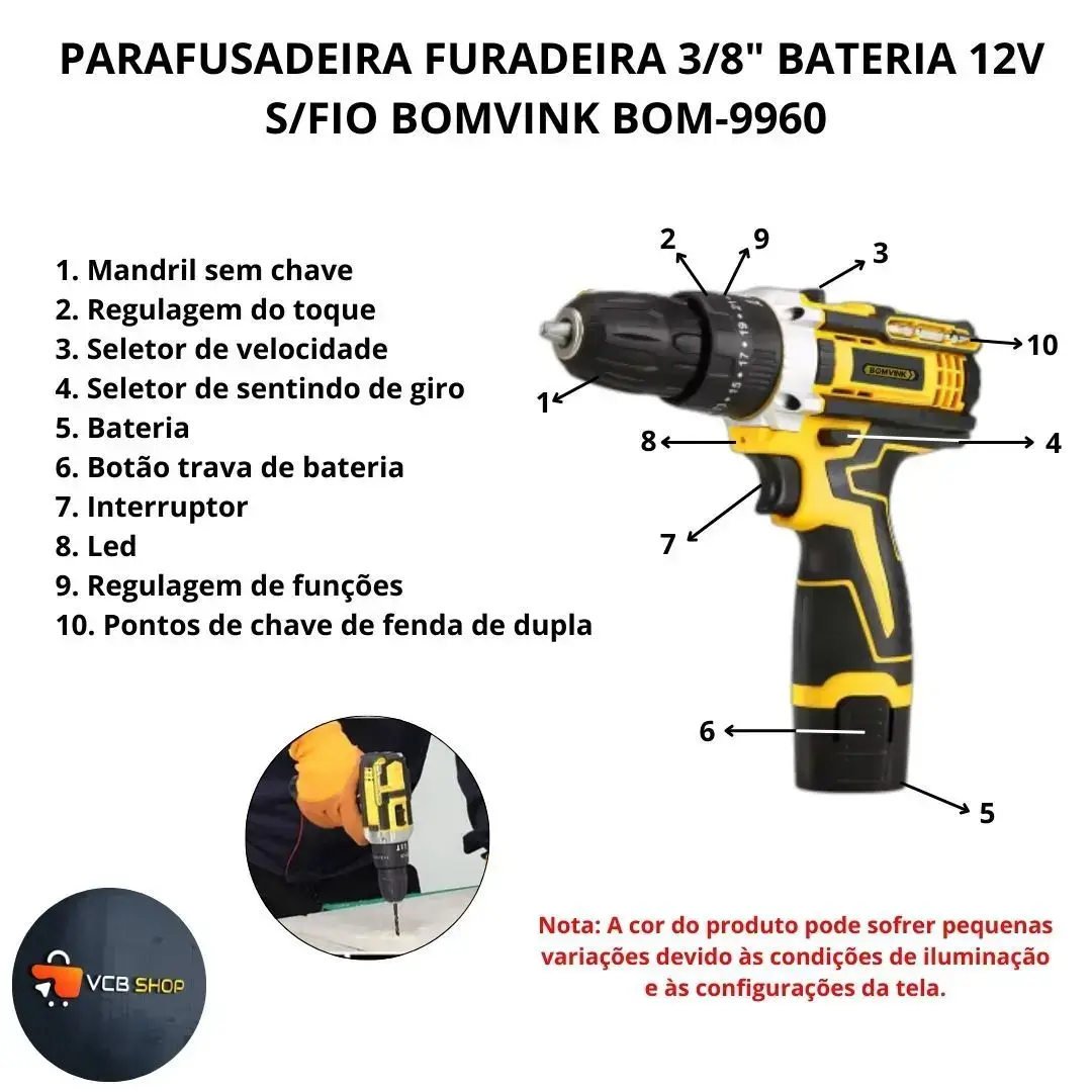 Parafusadeira e Furadeira Sem Fio Led 1350 RPM 12V - Imagem 5