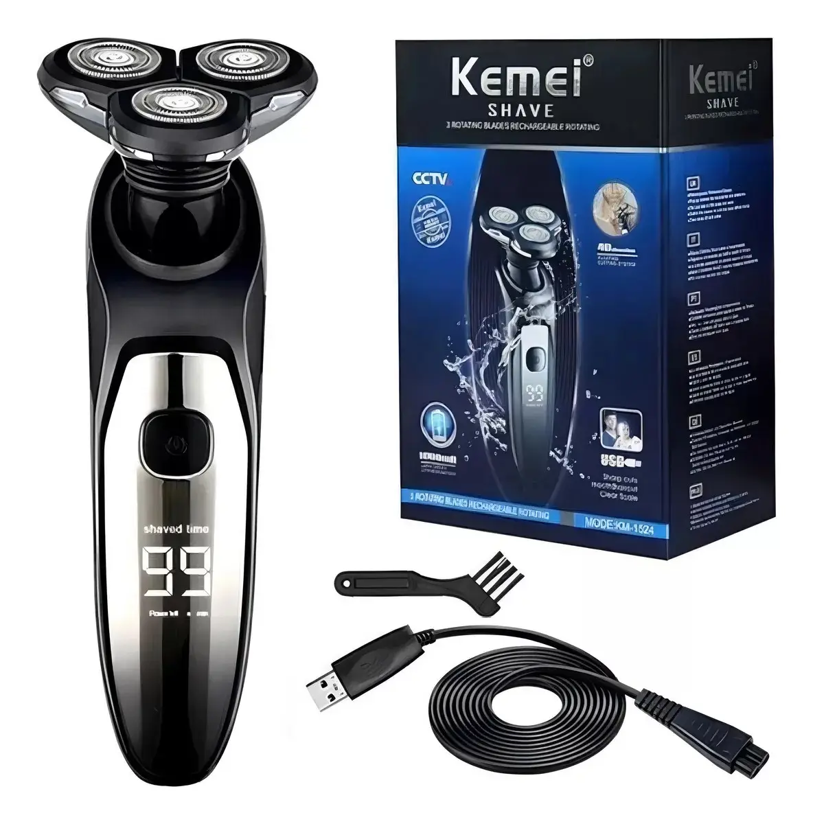 Máquina de Barbear Display Digital 3 Rotações Kemei 1524