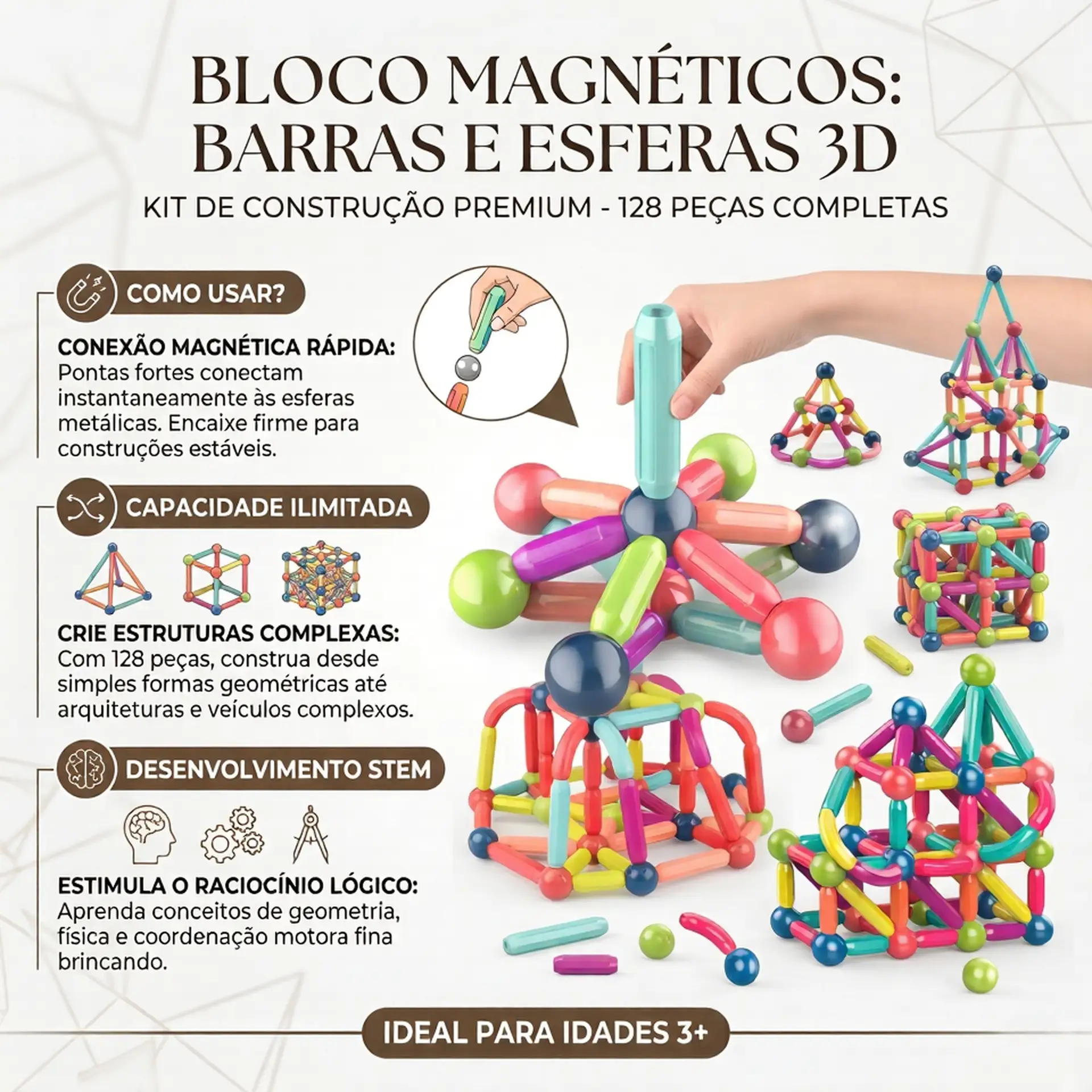 BRINQUEDO INTELIGENCIA COM BARRAS MAGNETICAS 128PC - Imagem 3