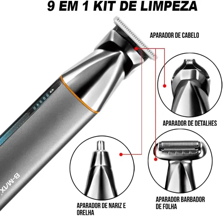Aparador e Cortador de Cabelo 9 em 1 Bivolt Sem Fio B-Max - Imagem 2