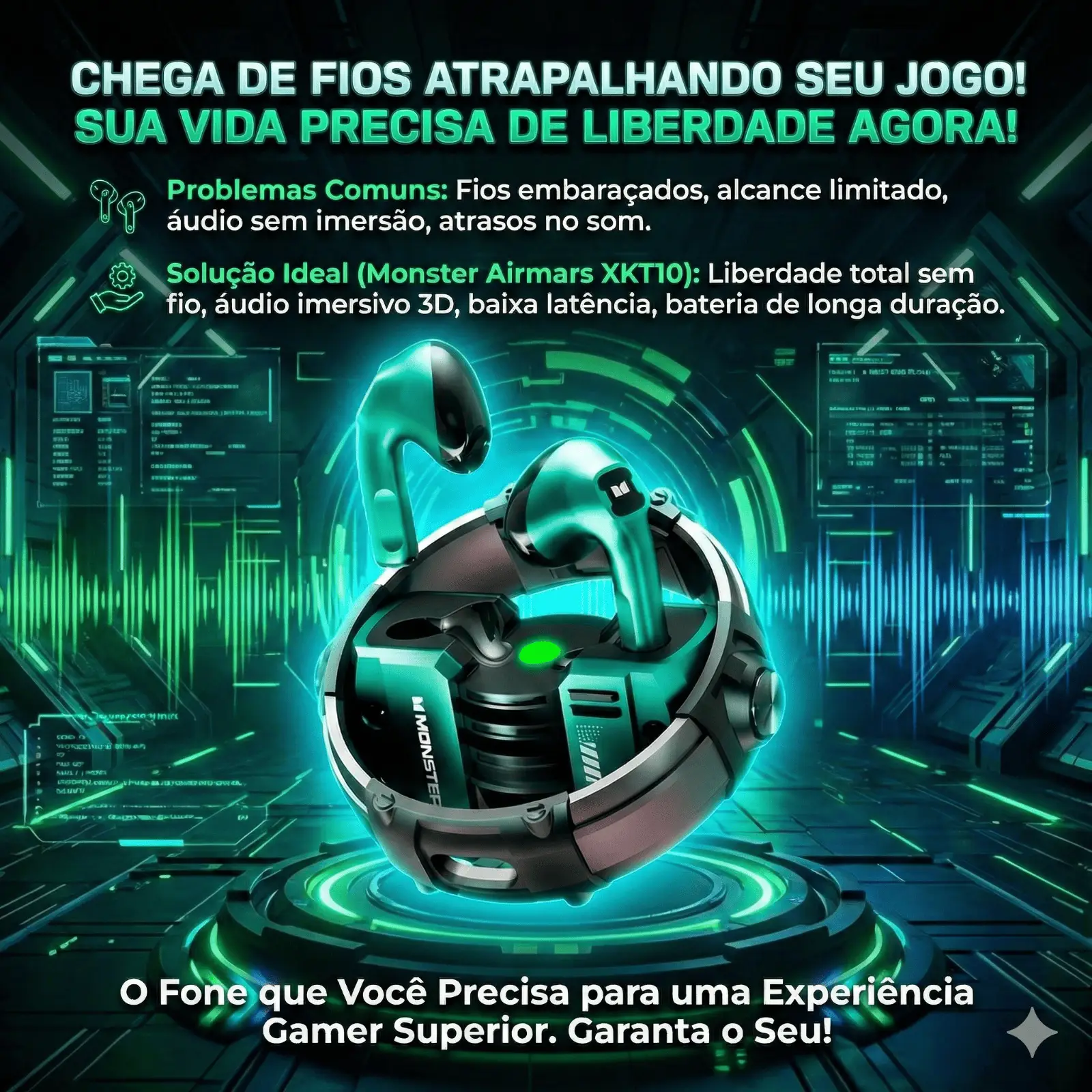 Fone de Ouvido Gamer Sem Fio Monster Airmars XKT10 Bluetooth - Imagem 3
